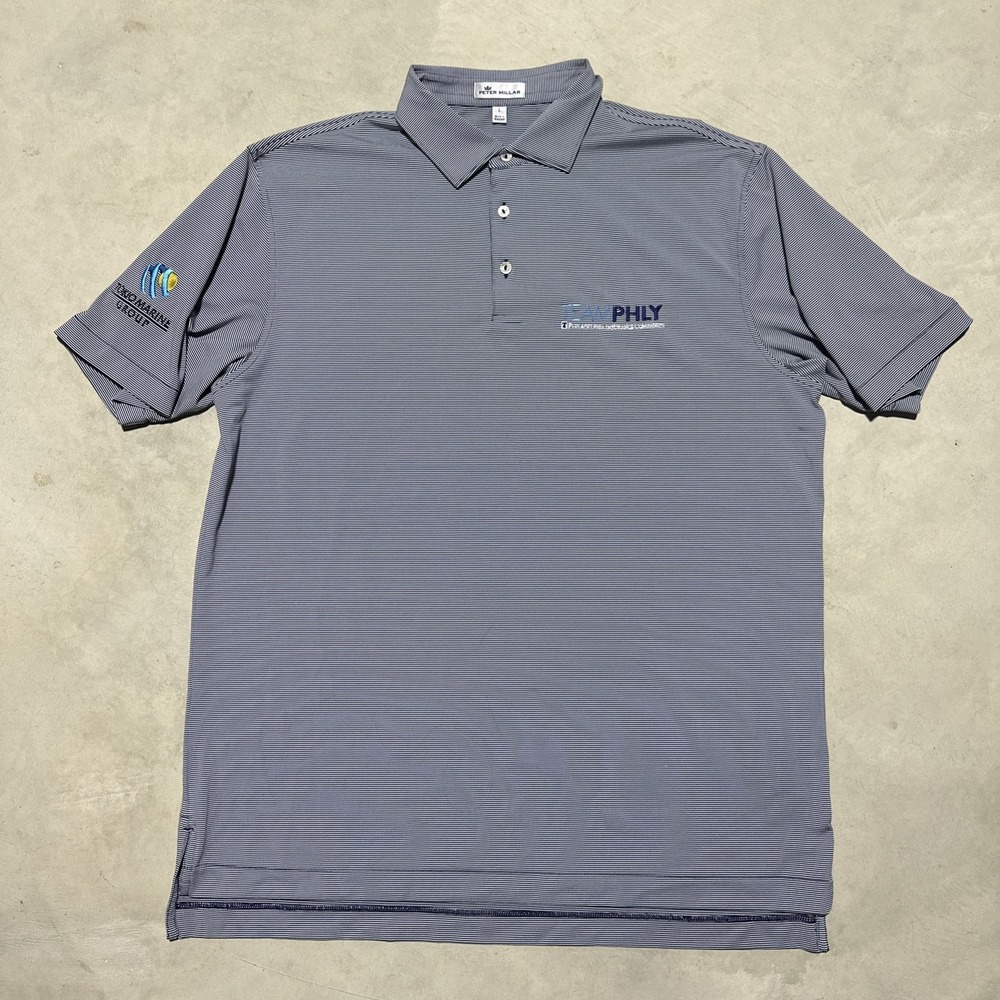 Peter Millar Men's Golf Polo SZ L Summer Comfort Blue White Striped Stretch LOGO